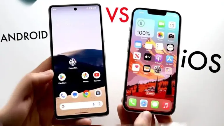 beginner comparing iphone and android smartphone in electronics store
