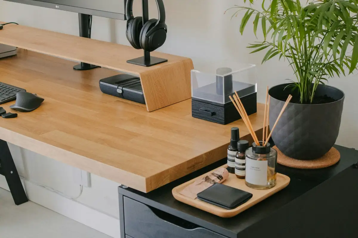feng shui minimalist desk workspace daylight plants