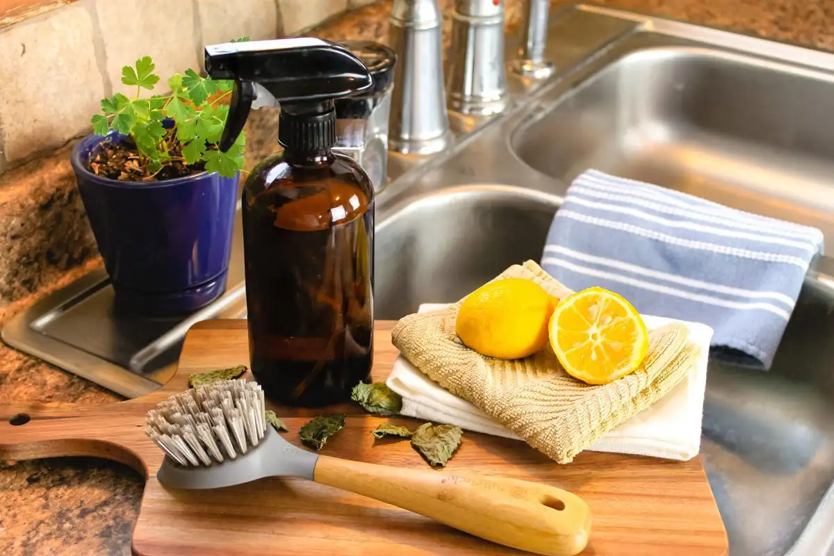 homemade citric acid and dish soap solution for cleaning, kitchen counter, bright