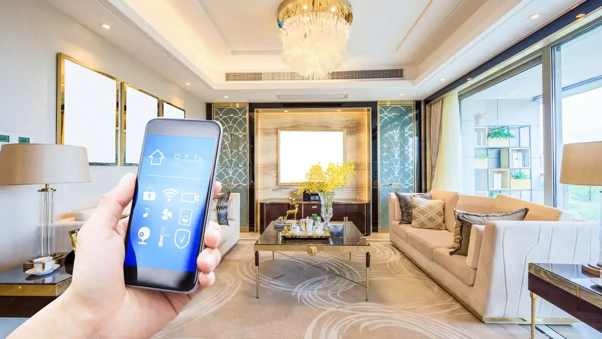 modern smart home interior with voice assistant device