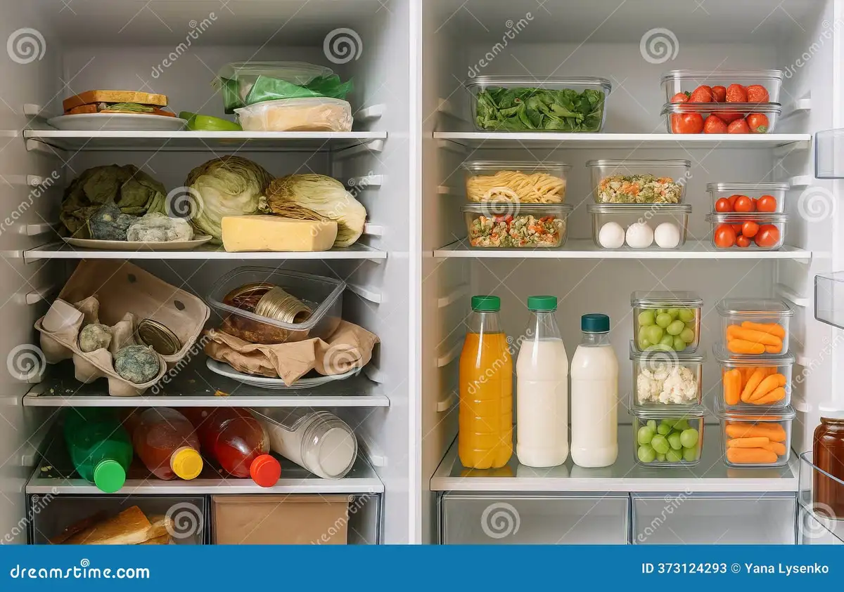 poorly organized refrigerator with food clutter